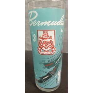 Vintage MCM Teal Bermuda Collins Highball Glass Souvenir Cocktail Retro RARE‎